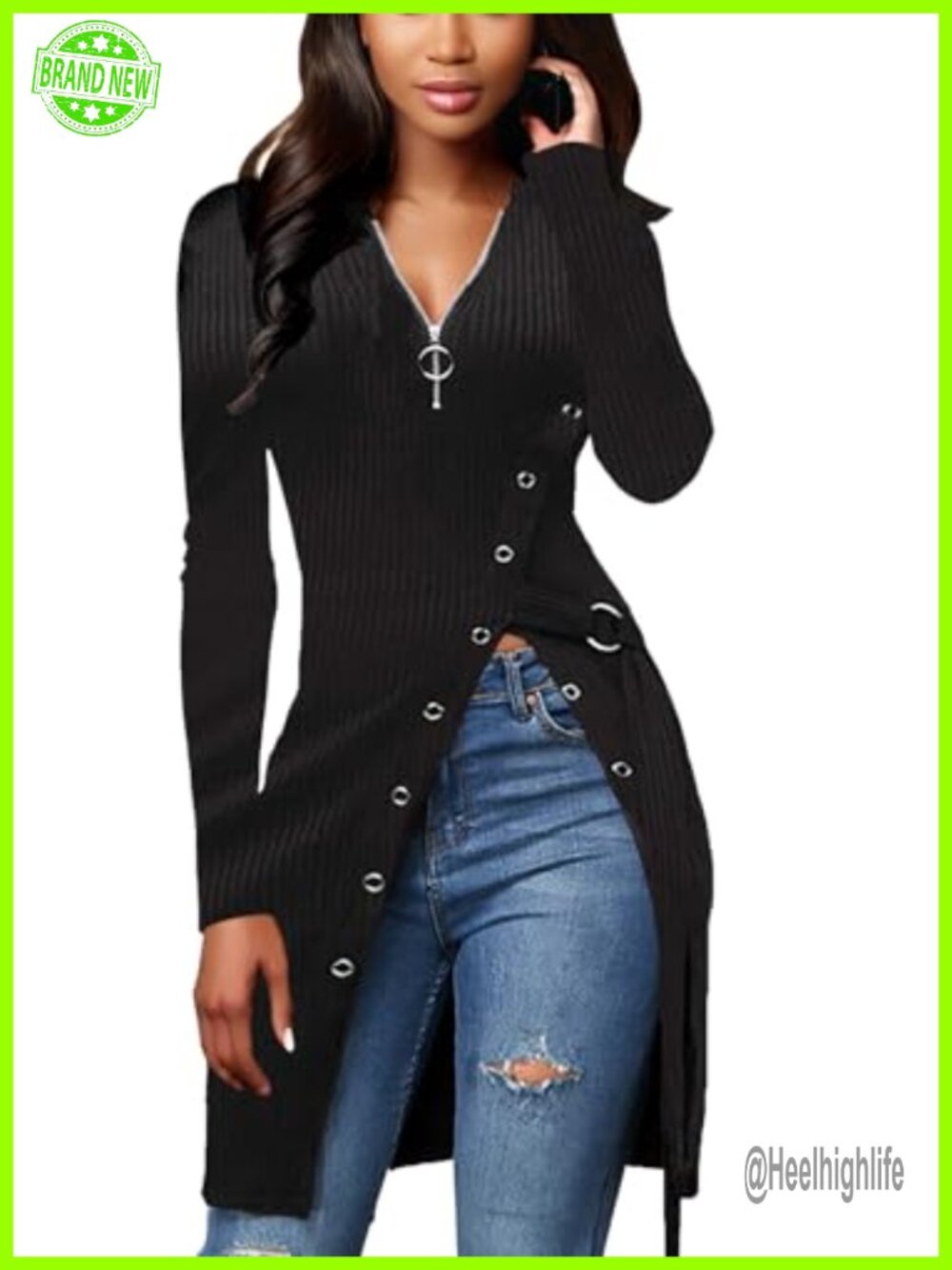 Ribbed Zip Front Long Sleeve Tunic Blouse with Belt Side Split